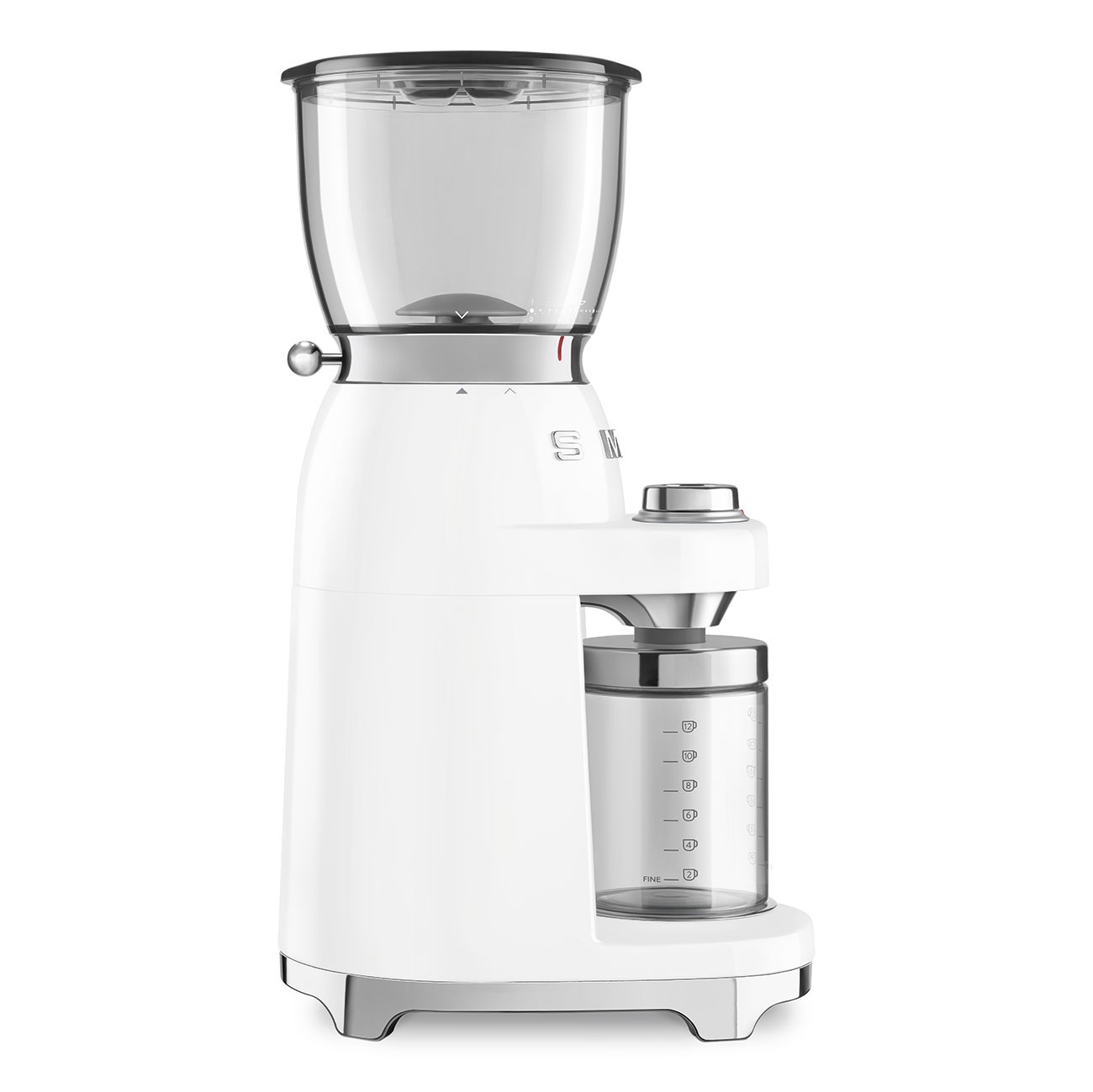 Smeg Macinacaffè Elettrico 50's Style Bianco LUCIDO CGF11WHEU - Macine Coniche in Acciaio Inox, 30 Livelli di Macinatura, Capacità 350g, Sistema Antistatico