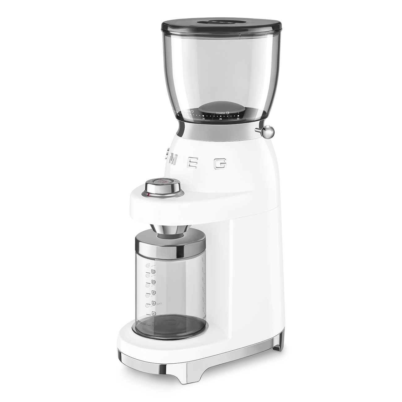 Smeg Macinacaffè Elettrico 50's Style Bianco LUCIDO CGF11WHEU - Macine Coniche in Acciaio Inox, 30 Livelli di Macinatura, Capacità 350g, Sistema Antistatico