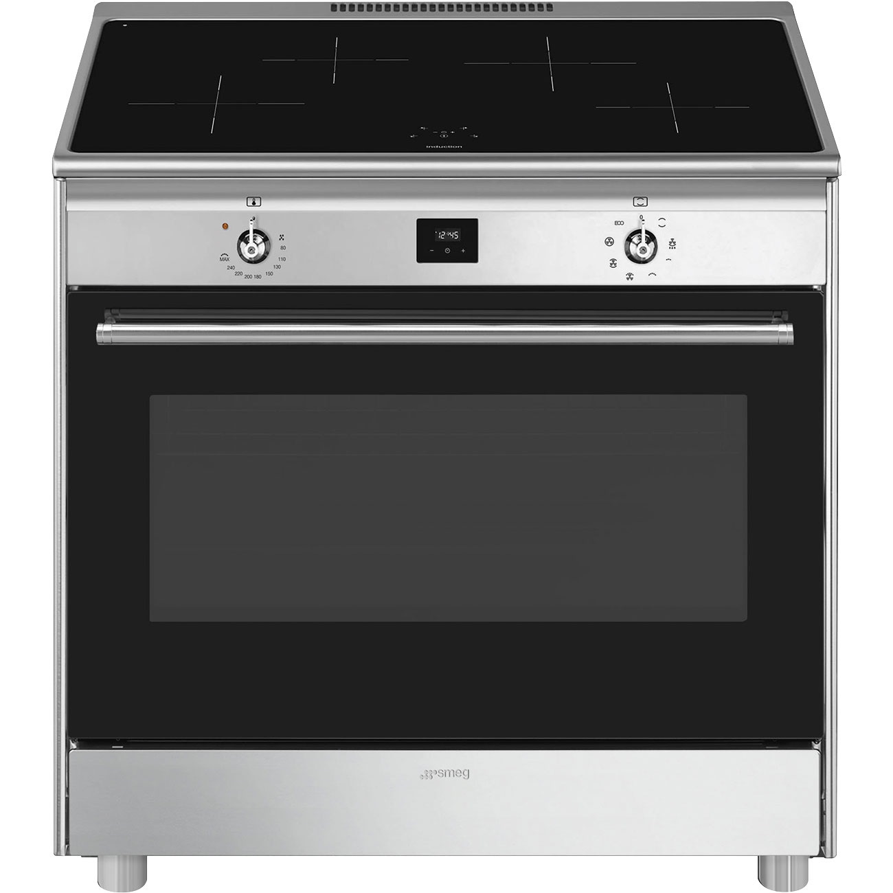 Smeg CG90CIXT Cucina 90x60 cm con Forno Elettrico Termoventilato e Piano Cottura a Induzione 4 Fuochi, Nero e Acciaio Inox, Classe A