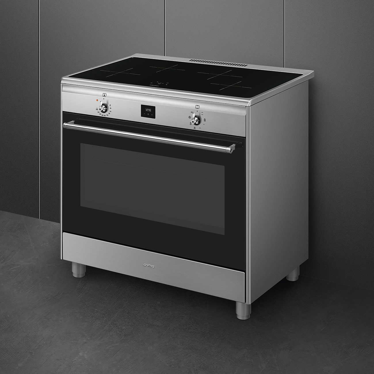 Smeg CG90CIXT Cucina 90x60 cm con Forno Elettrico Termoventilato e Piano Cottura a Induzione 4 Fuochi, Nero e Acciaio Inox, Classe A