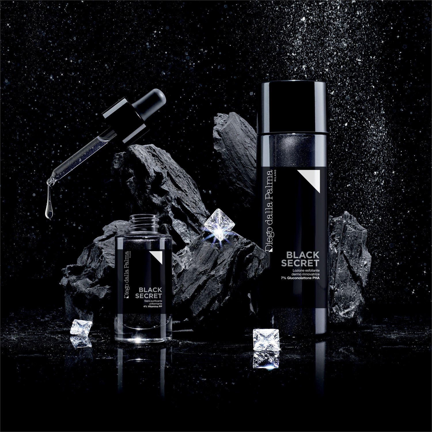Diego Dalla Palma Black Secret - Lozione Esfoliante Dermo Rinnovatrice 200 ml, con Diamond Charcoal CPX per un incarnato omogeneo e luminoso