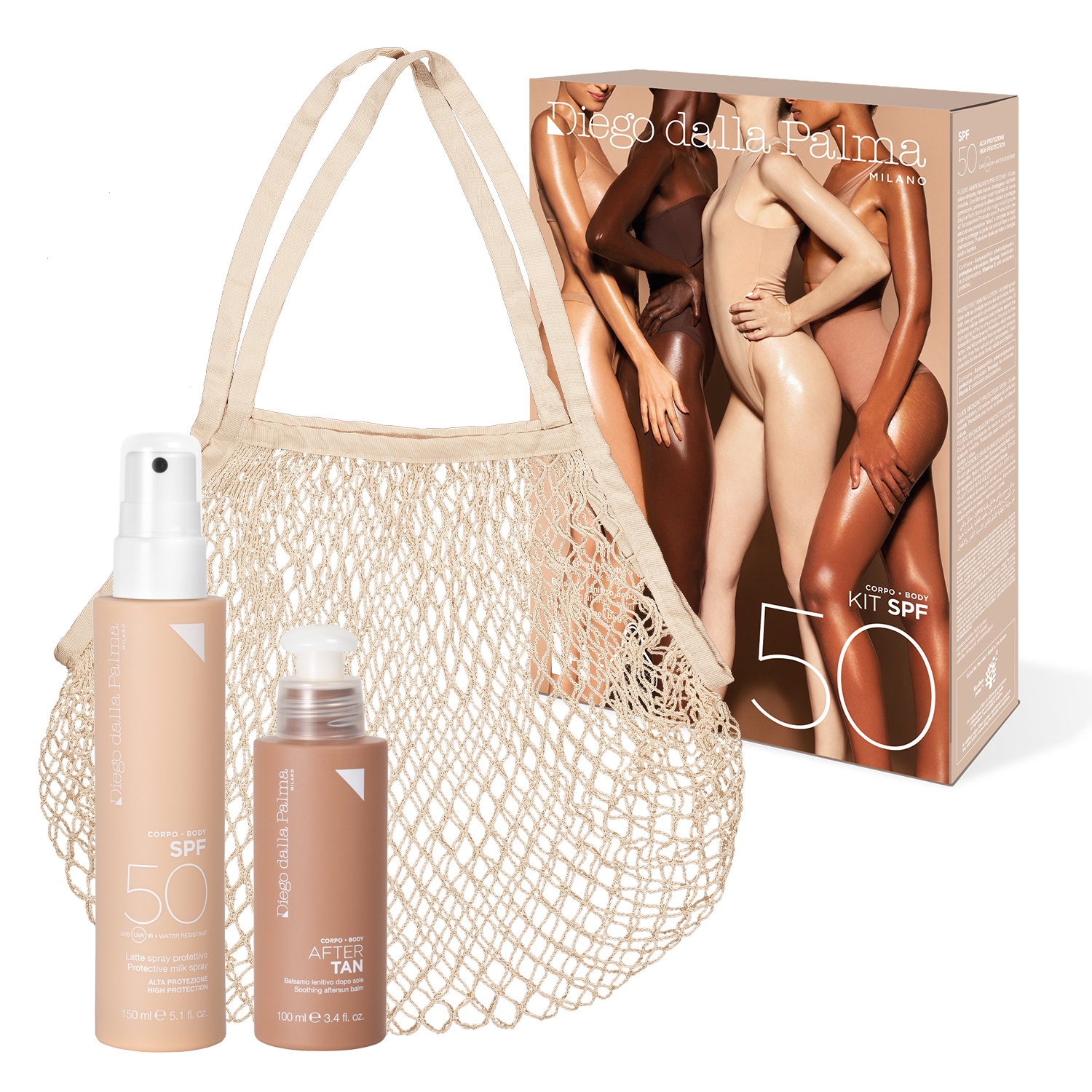 Diego Dalla Palma Kit Spray SPF50 - Latte Spray 150ml Balsamo Lenitivo Doposole 100ml Mesh Summer Bag
