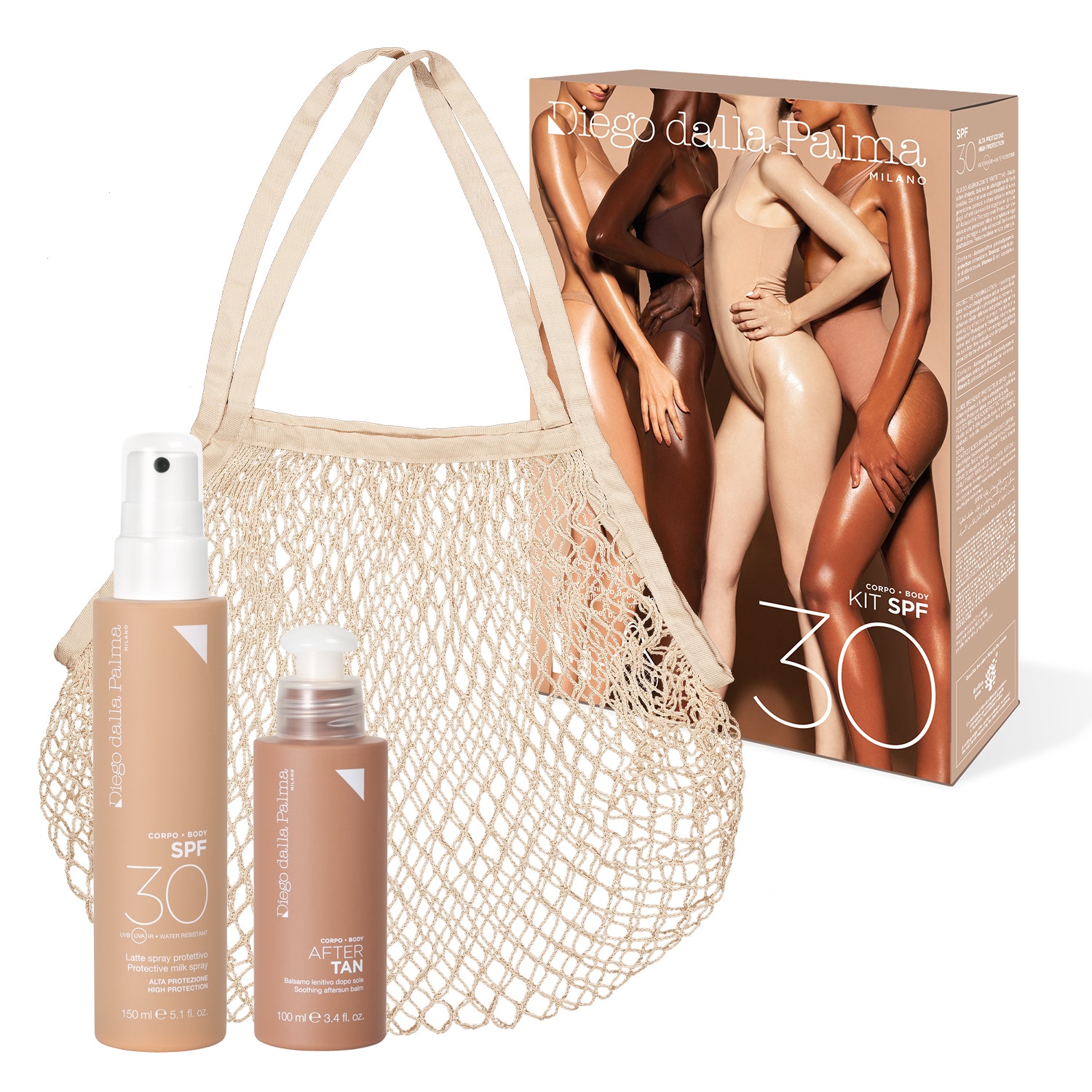Diego Dalla Palma Kit Solare SPF30 - Latte Spray Protettivo 150ml Balsamo Lenitivo Doposole 100ml Mesh Summer Bag