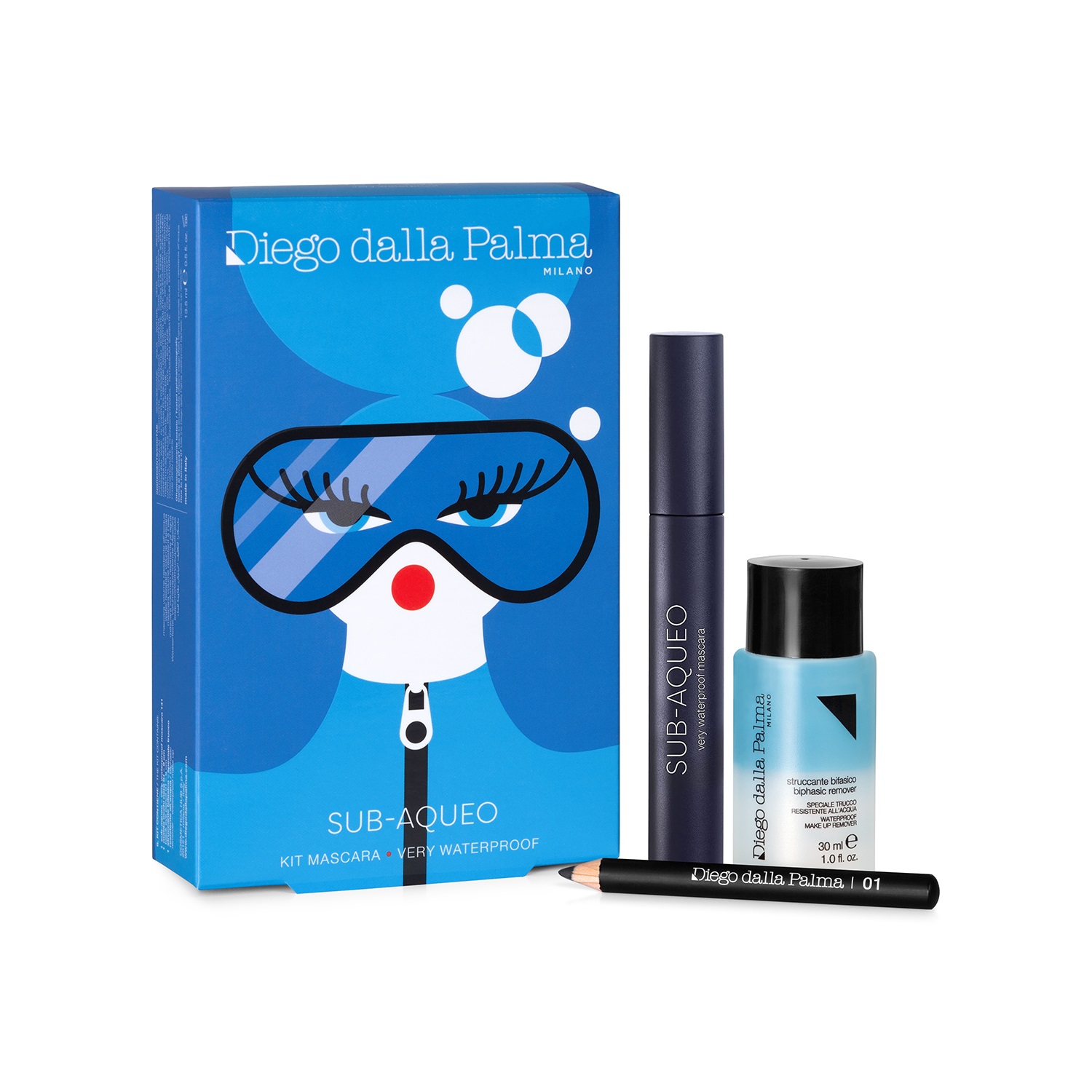 Diego Dalla Palma Kit Mascara Subaqueo - Mascara Very Waterproof 13,5 ml, Matita Occhi Nera 9 cm, Struccante Bifasico 30 ml