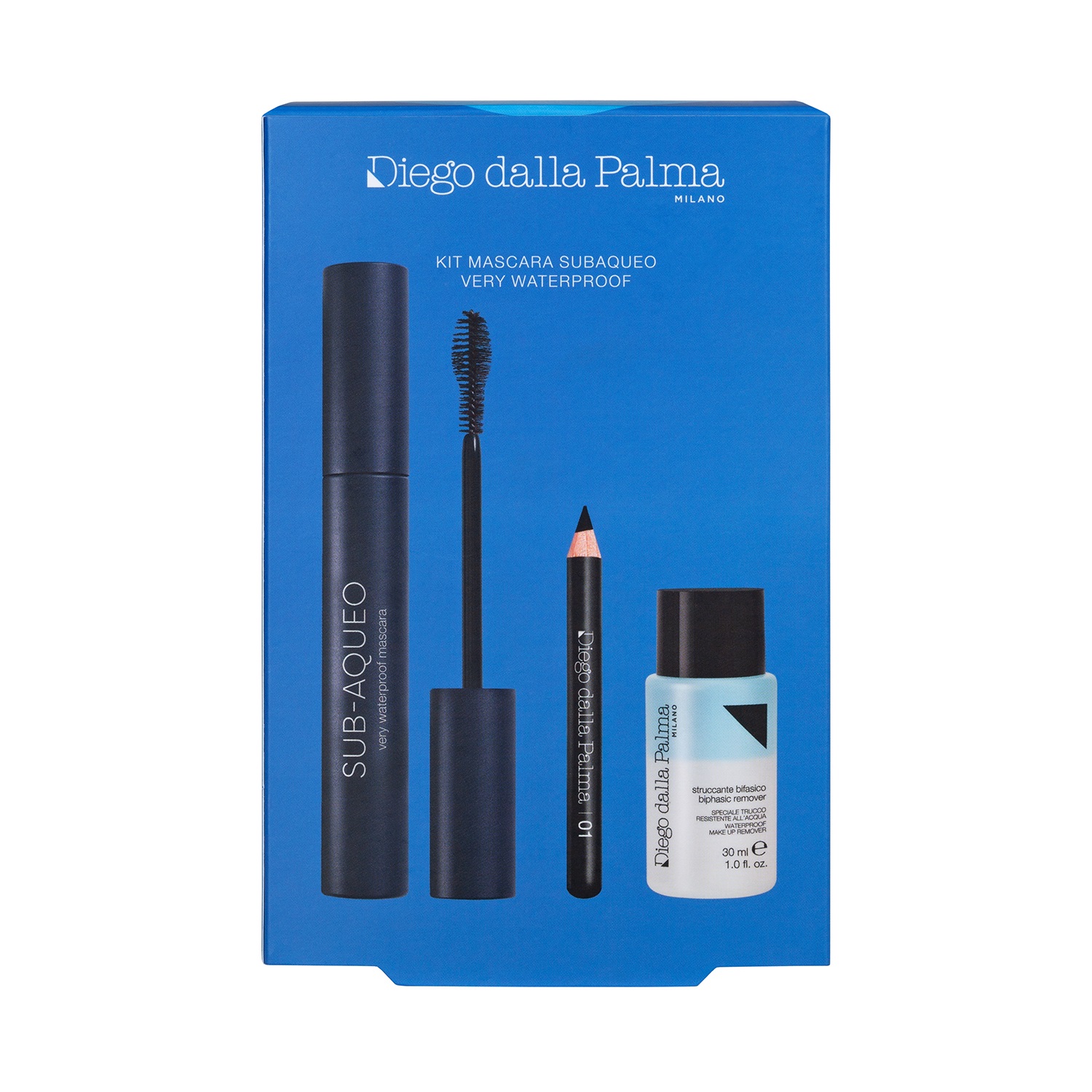 Diego Dalla Palma Kit Mascara Subaqueo - Mascara Very Waterproof 13,5 ml, Matita Occhi Nera 9 cm, Struccante Bifasico 30 ml
