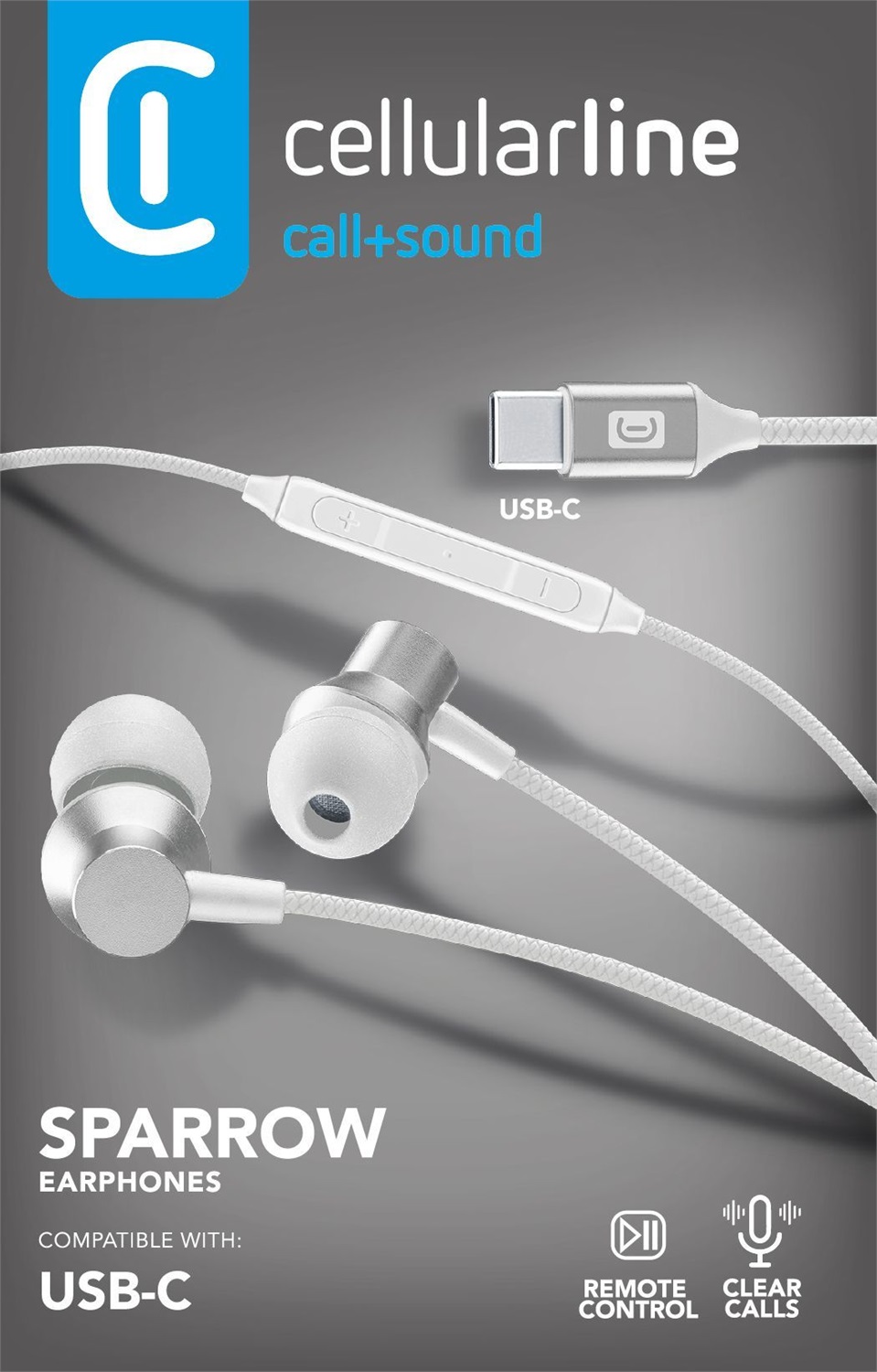Cellularline SPARROW Auricolari in-ear con connettore USB-C, microfono con remote control, finiture metalliche e tecnologia di ottimizzazione audio
