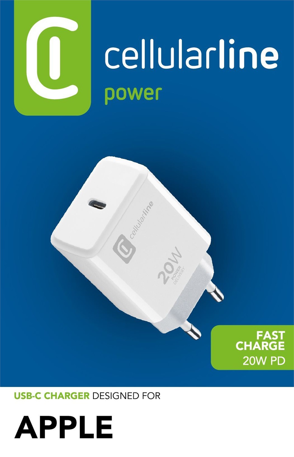 Cellularline Caricabatterie da Rete USB-C 20W - Compatibile con iPhone 8 e Successivi, Carica alla Massima Velocità