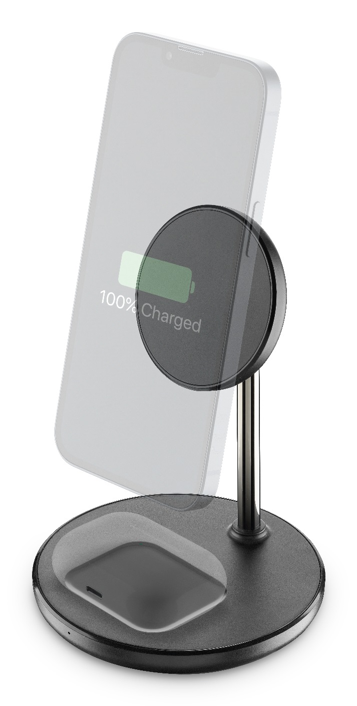 Cellularline Mag Duo Wireless Charger - Supporto da tavolo con ricarica wireless 2 in 1 per dispositivi Apple MagSafe - Nero