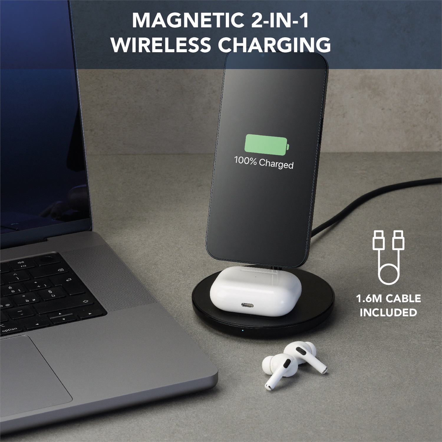Cellularline Mag Duo Wireless Charger - Supporto da tavolo con ricarica wireless 2 in 1 per dispositivi Apple MagSafe - Nero