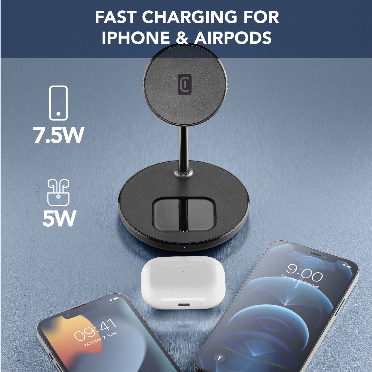Cellularline Mag Duo Wireless Charger - Supporto da tavolo con ricarica wireless 2 in 1 per dispositivi Apple MagSafe - Nero