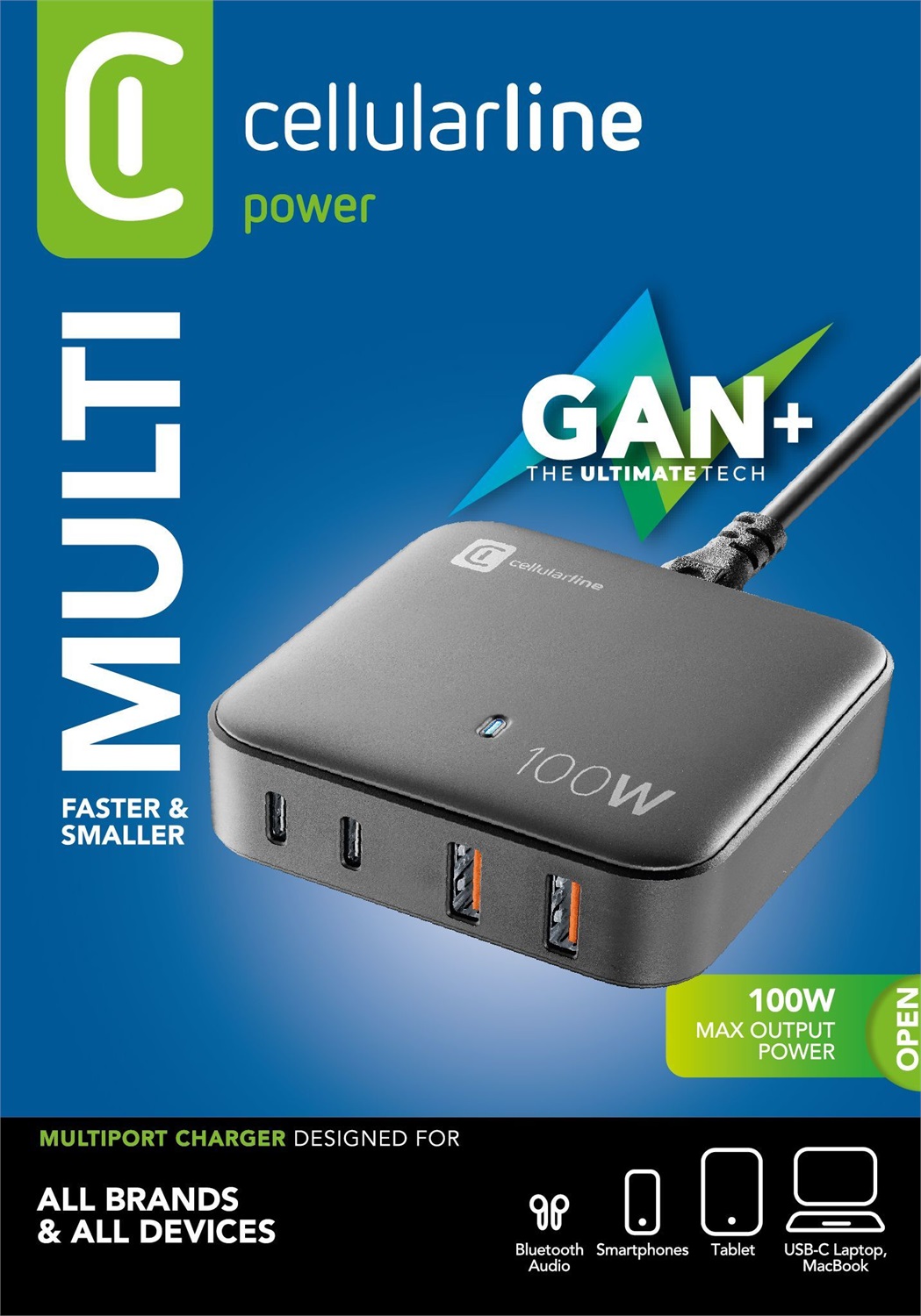Cellularline MULTIPOWER MAGNUS 100W - Caricabatterie da rete 4 porte GaN con 2 porte USB da 18W e 2 porte USB-C da 100W, compatibile con smartphone, tablet e laptop