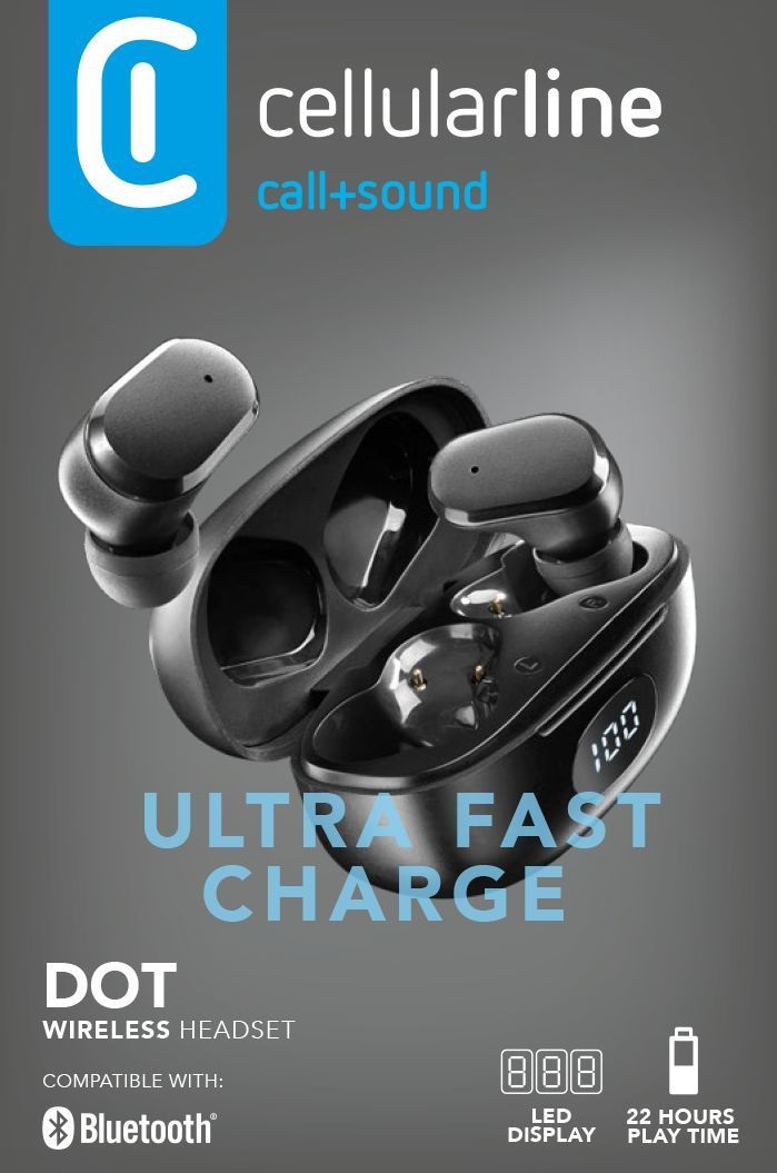 Cellularline DOT Auricolari Bluetooth Senza Fili con Custodia di Ricarica e Display LED - Play Time 7H, Talk Time 4.5H, Ricarica Veloce in 45 Minuti