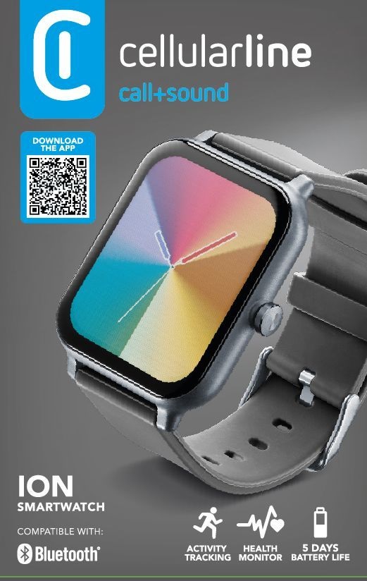 Cellularline ION Smartwatch Bluetooth® con App per iOS e Android - Autonomia 5 giorni, Display LED 1.83 HD IPS Full Touch, Monitoraggio Frequenza Cardiaca e Attività Fisica - Nero