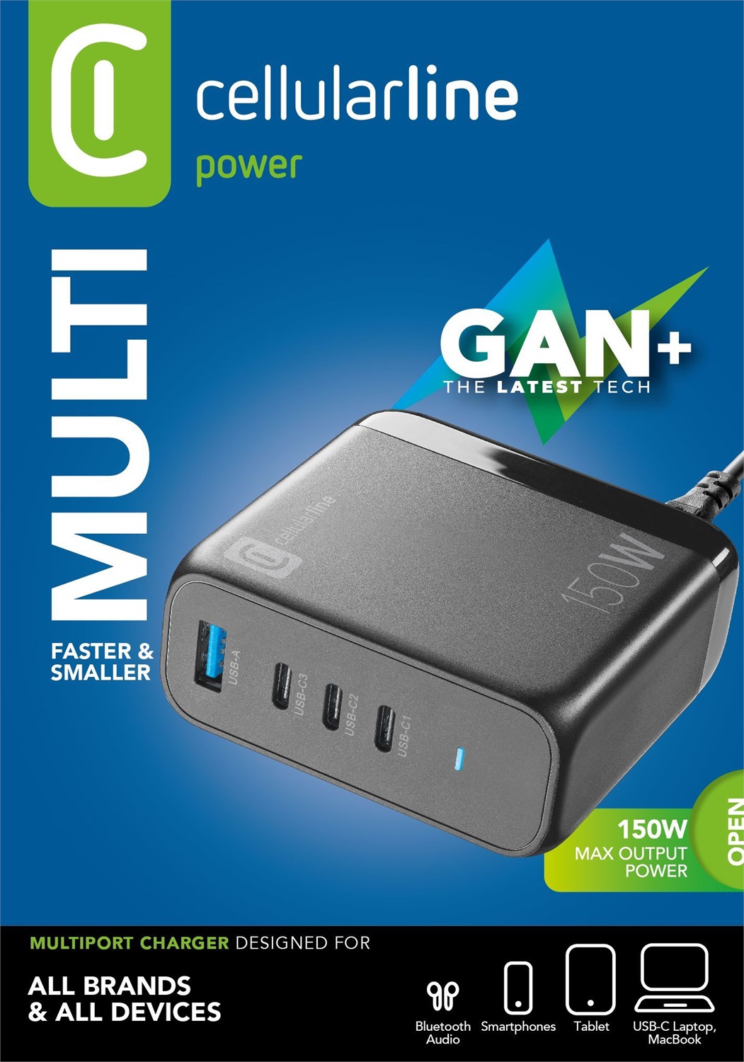 Cellularline MULTIPOWER DESK GAN 150W - Caricabatterie da rete ultracompatto con 4 porte (3 USB-C e 1 USB-A) - Ideale per Smartphone, Tablet e Laptop