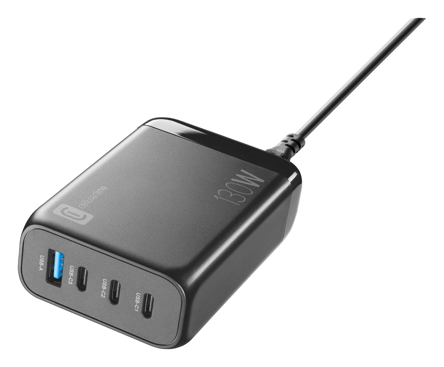 Cellularline MULTIPOWER DESK GAN 130W - Caricabatterie da rete ultracompatto 4 porte (3 USB-C e 1 USB-A) - Ideale per Smartphone, Tablet e Laptop - Nero