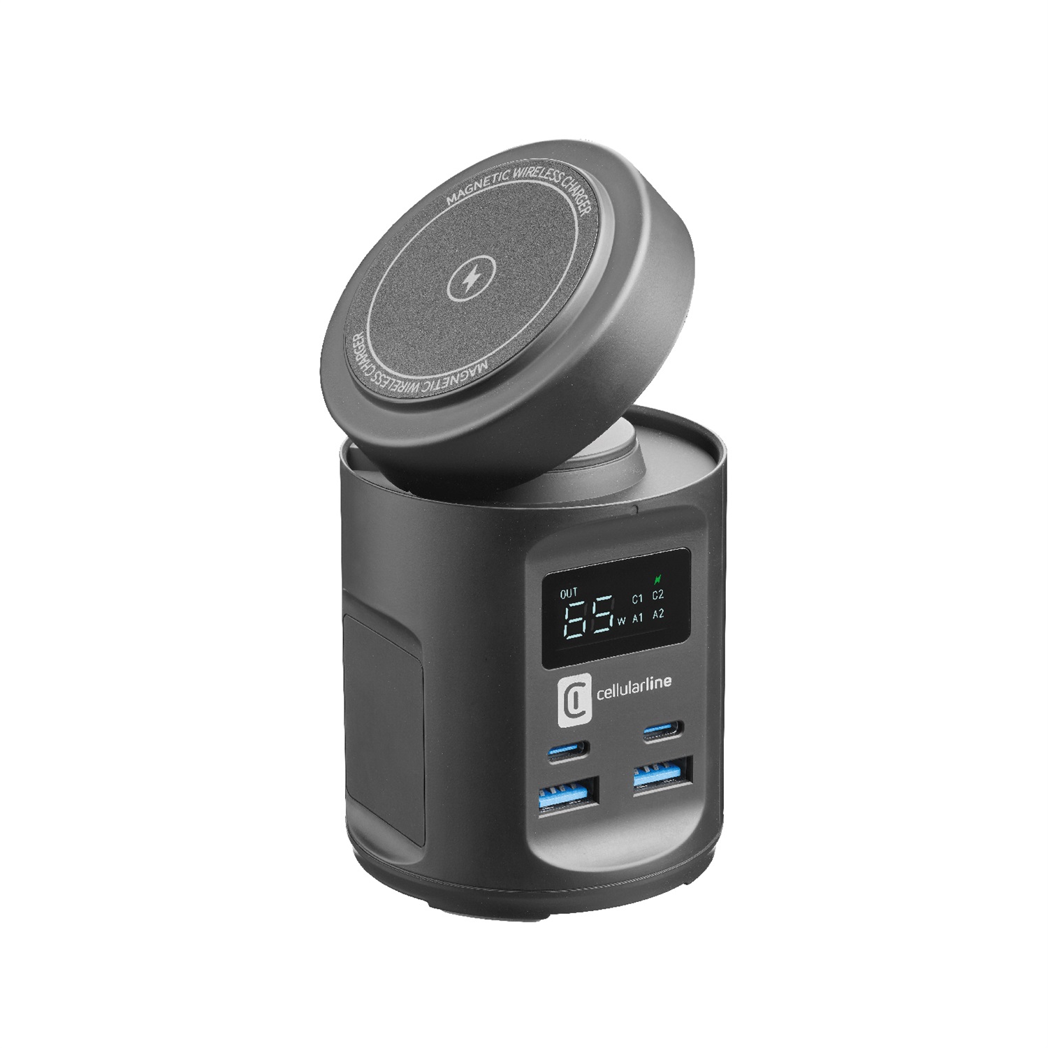 Cellularline MAG HUB - Station di ricarica Magsafe wireless multiporta con 2 porte USB-A 22.5W, 2 porte USB-C 65W e pad wireless rotabile 180° - Nero