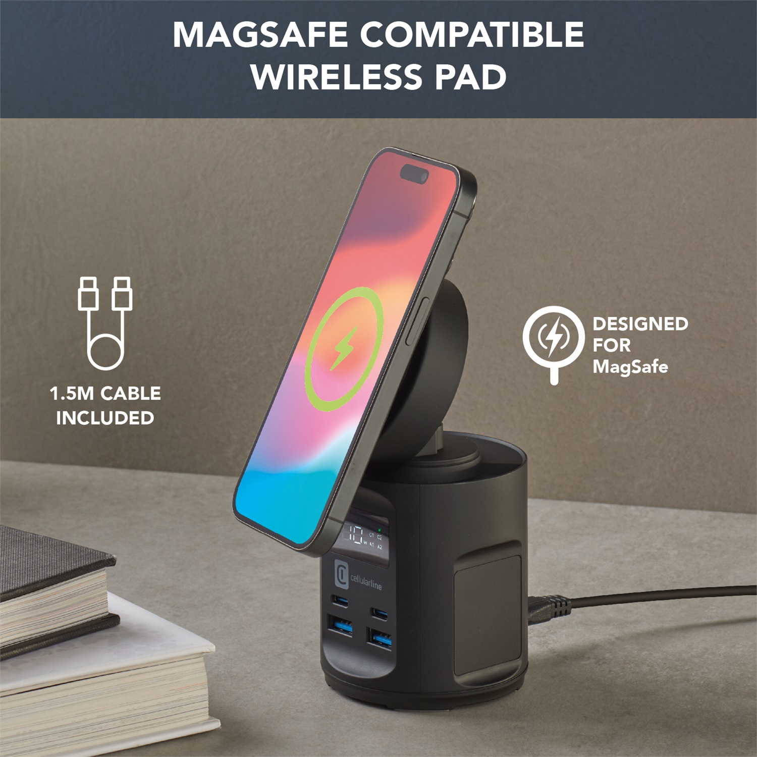 Cellularline MAG HUB - Station di ricarica Magsafe wireless multiporta con 2 porte USB-A 22.5W, 2 porte USB-C 65W e pad wireless rotabile 180° - Nero