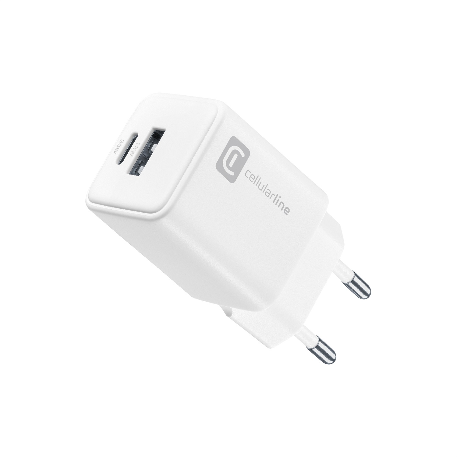 Cellularline Multipower Dual Port 30W - Caricabatteria da Rete Bianco per Smartphone, Tablet e Laptop - 2 Porte USB-C e USB-A