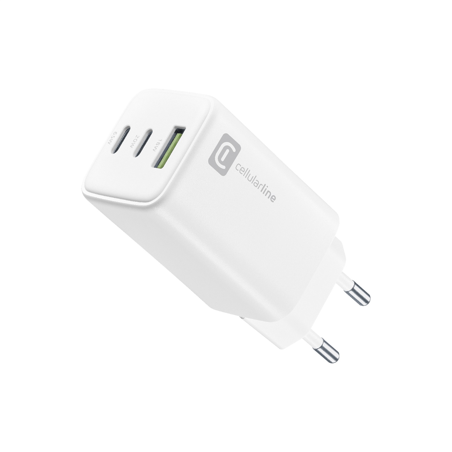 Cellularline Multipower Trio Port 65W - Caricabatteria da Rete per Smartphone, Tablet e Laptop - 3 Porte: USB (18W QC), USB-C (65W Power Delivery), USB-C (20W Power Delivery) - Bianco