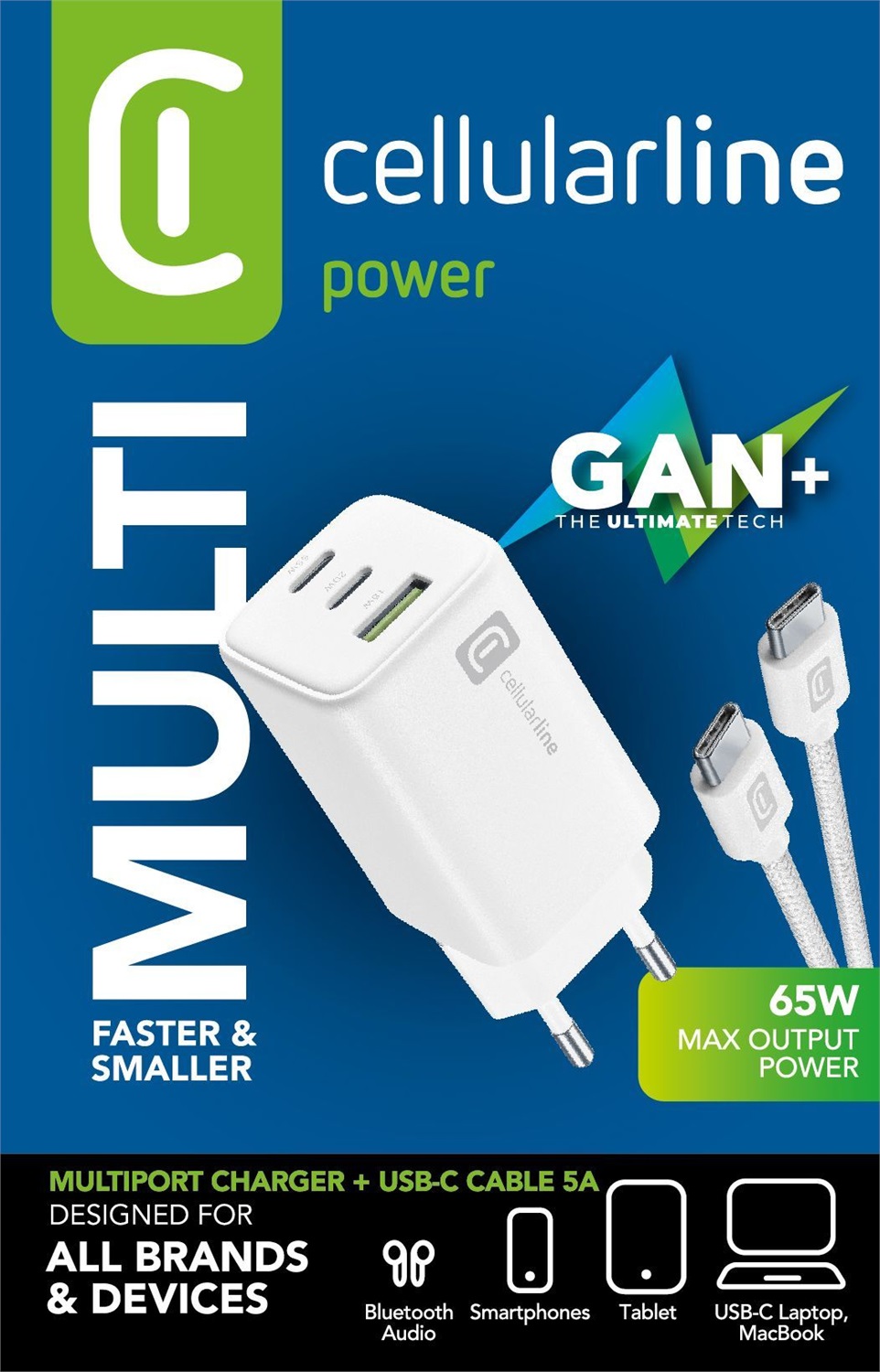 Cellularline Multipower 65W Kit - Caricabatterie da Rete con Cavo USB-C incluso - 3 Porte (USB 18W QC, USB-C1 65W PD, USB-C2 20W PD) - Bianco