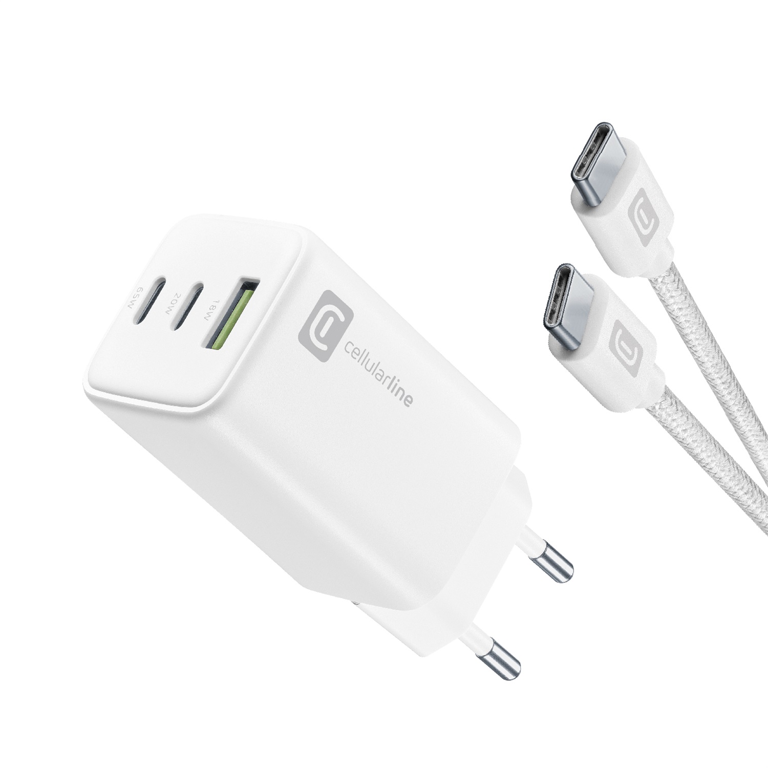 Cellularline Multipower 65W Kit - Caricabatterie da Rete con Cavo USB-C incluso - 3 Porte (USB 18W QC, USB-C1 65W PD, USB-C2 20W PD) - Bianco