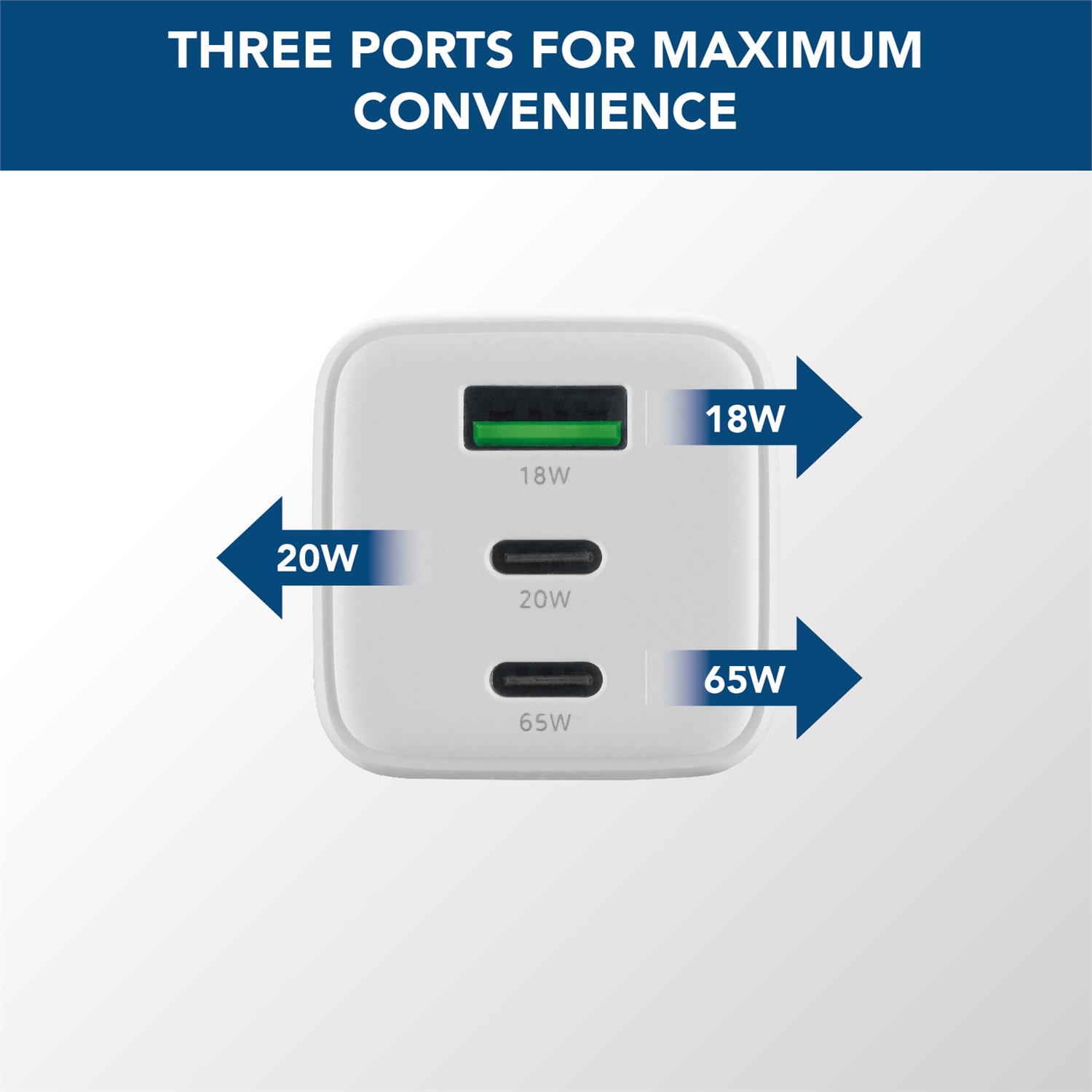 Cellularline Multipower 65W Kit - Caricabatterie da Rete con Cavo USB-C incluso - 3 Porte (USB 18W QC, USB-C1 65W PD, USB-C2 20W PD) - Bianco