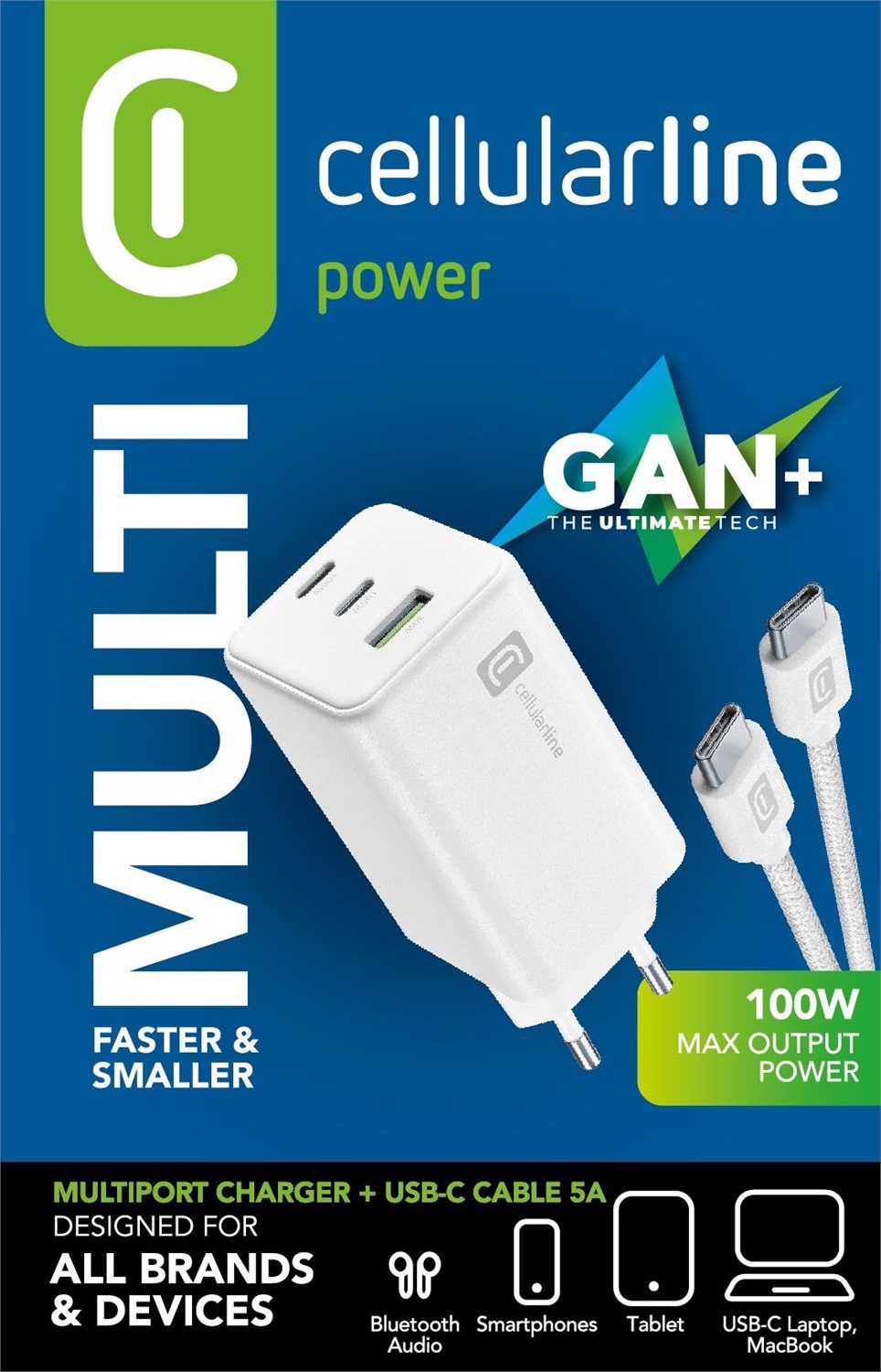 Cellularline Multipower 100W Kit - Caricabatterie da Rete con Cavo USB-C 5A incluso - 3 porte (1 USB 30W QC 2 USB-C 100W Power Delivery) - Bianco