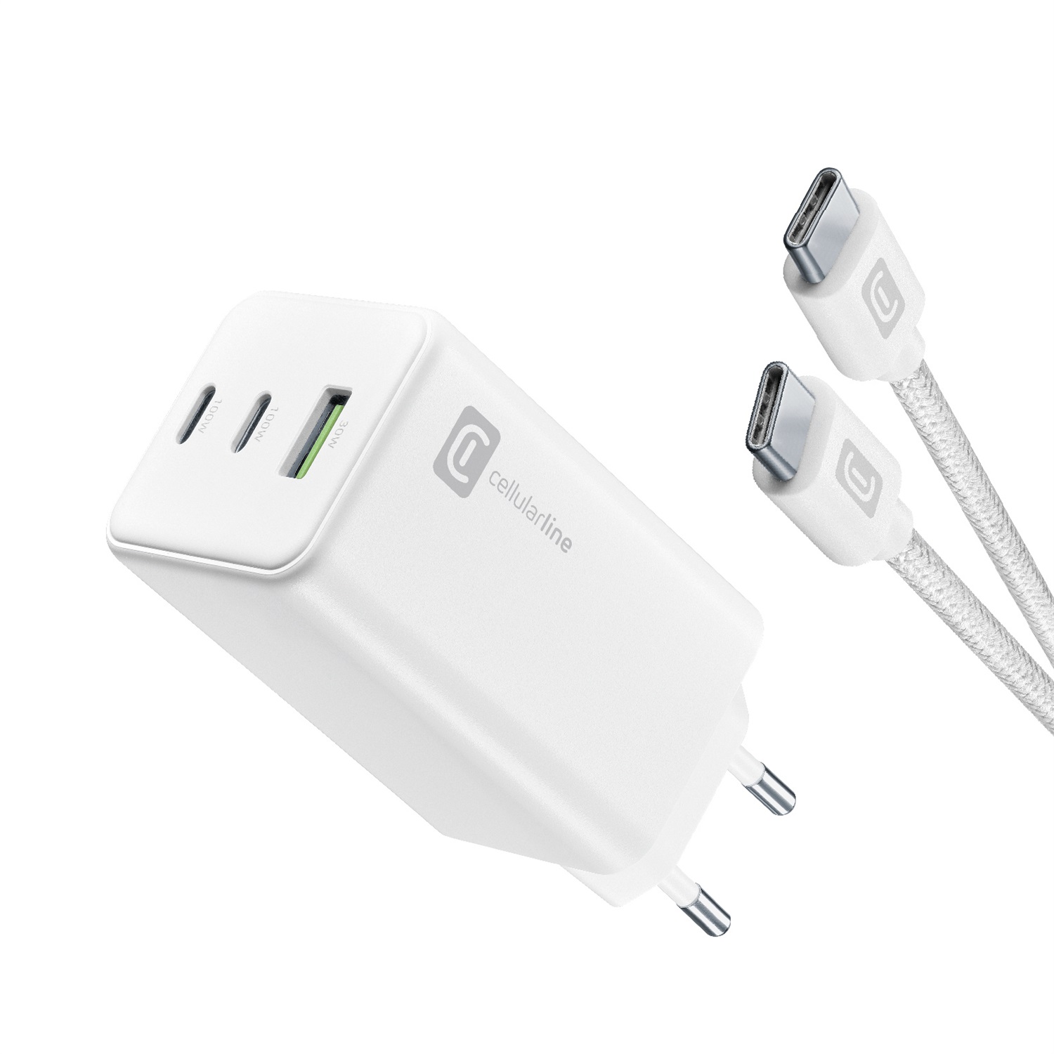 Cellularline Multipower 100W Kit - Caricabatterie da Rete con Cavo USB-C 5A incluso - 3 porte (1 USB 30W QC 2 USB-C 100W Power Delivery) - Bianco