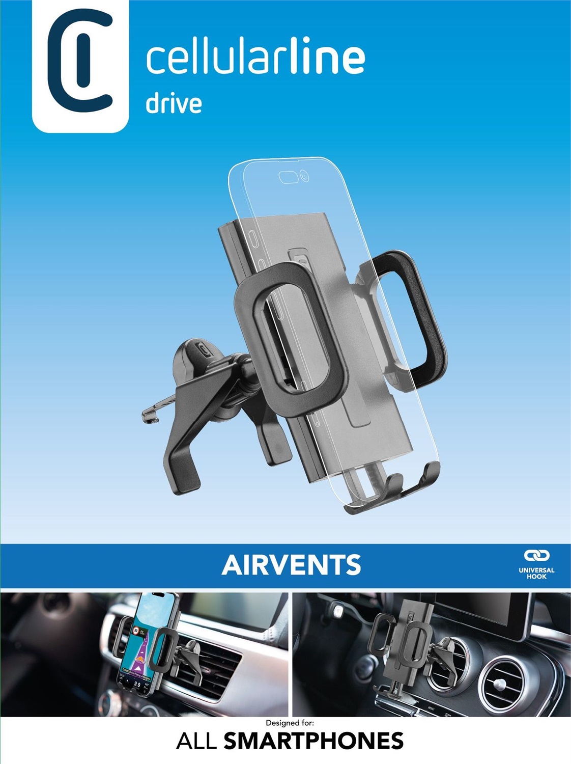 Cellularline Hug Fit - Supporto smartphone per auto, Fissaggio alle Bocchette di Aerazione, Compatibilità Universale, Nero