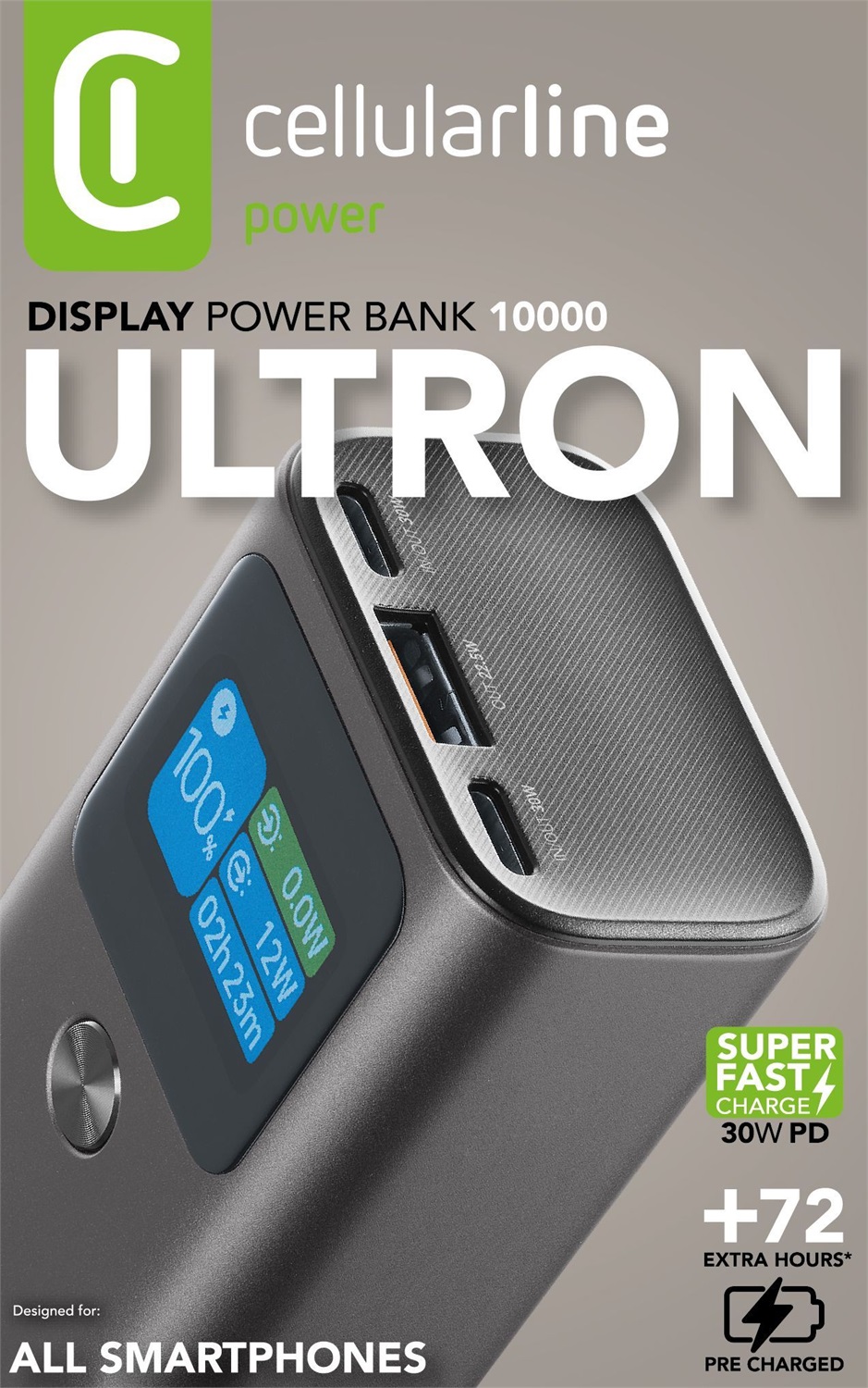 Cellularline Ultron 10000 Power Bank 10000mAh con 3 porte (2xUSB-C 30W 1xUSB 22.5W) e Display LCD