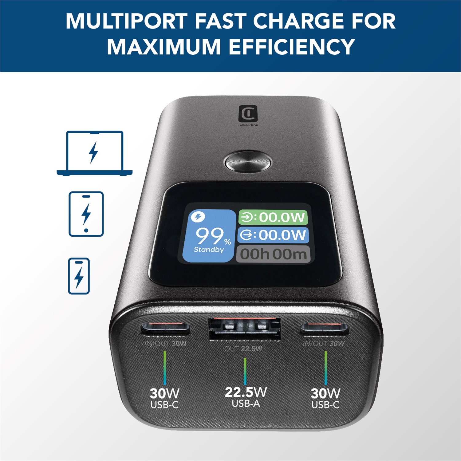Cellularline Ultron 10000 Power Bank 10000mAh con 3 porte (2xUSB-C 30W 1xUSB 22.5W) e Display LCD
