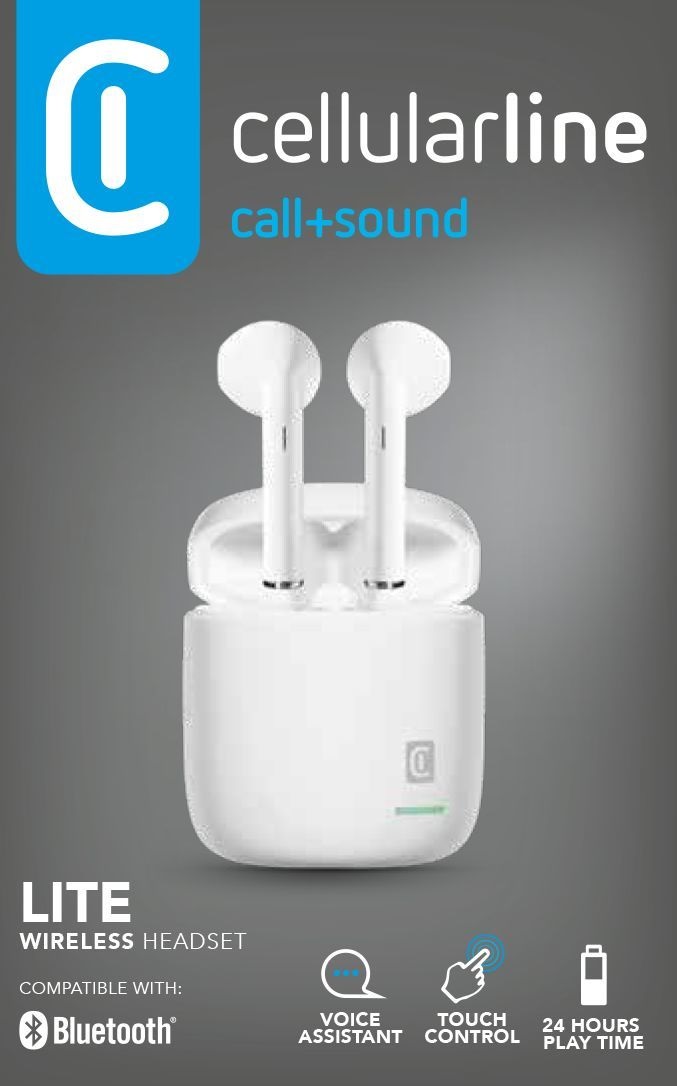 Cellularline LITE TWS Auricolari Bluetooth 5.0 True Wireless con Custodia di Ricarica, Audio Stereo, Durata 24h, Controlli Touch - Bianco
