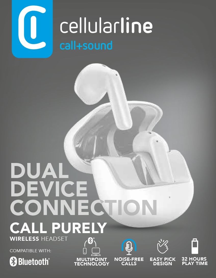 Cellularline Call Purely Auricolari Bluetooth con ENC, 4 Microfoni, 32 Ore di Autonomia, Connessione Multipoint, Design Easy Pick - Bianco