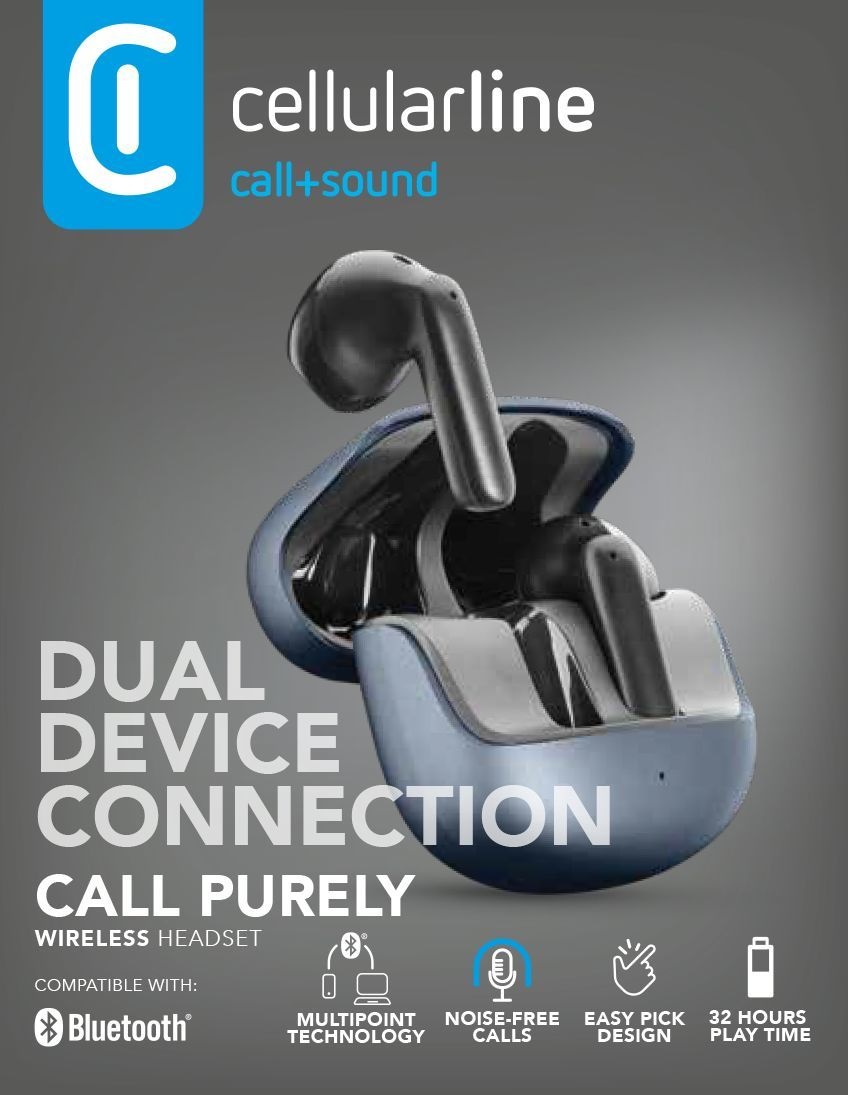 Cellularline Call Purely Auricolari Bluetooth con Cancellazione del Rumore ENC, 4 Microfoni, 32 Ore di Autonomia, Connessione Multipoint e Custodia di Ricarica - Nero