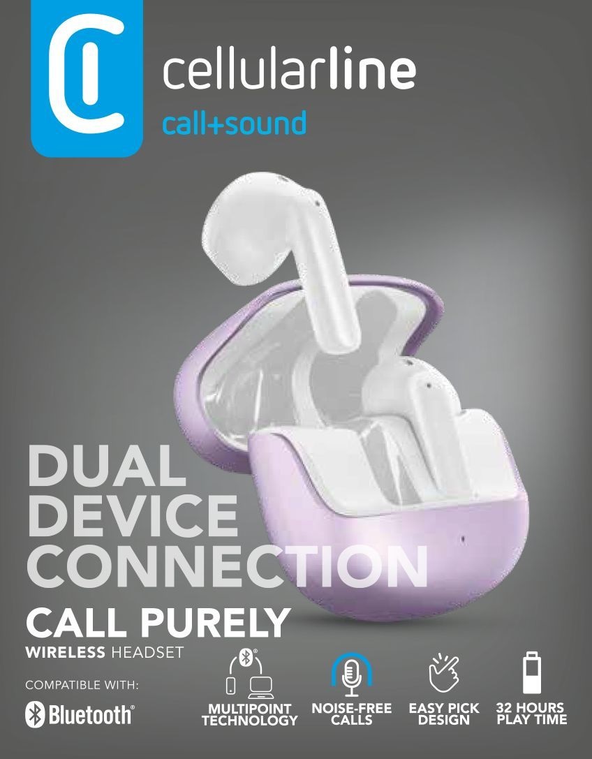 Cellularline Call Purely Auricolari Bluetooth ENC con 4 Microfoni, Cancellazione del Rumore Ambientale, 32 Ore di Autonomia, Connessione Multipoint, Design Easy Pick - Viola