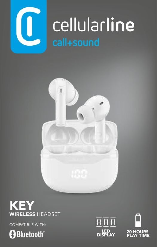 Cellularline KEY Auricolari In-Ear True Wireless - 16 Ore Play Time, Custodia di Ricarica con Display LED, Controlli Touch, Ricarica USB-C, Design Tascabile