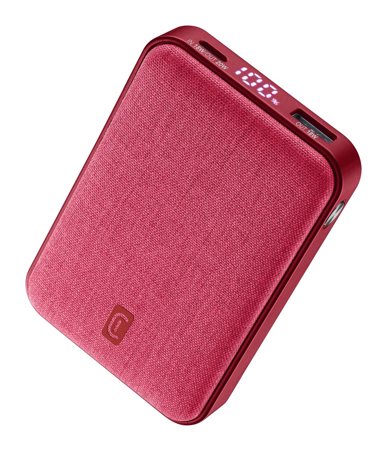Cellularline GLAM PD 10000 Power Bank - 10000mAh, Ricarica Rapida 20W, Display LCD, 3 Porte USB-C, Finiture in Tessuto, Rosso