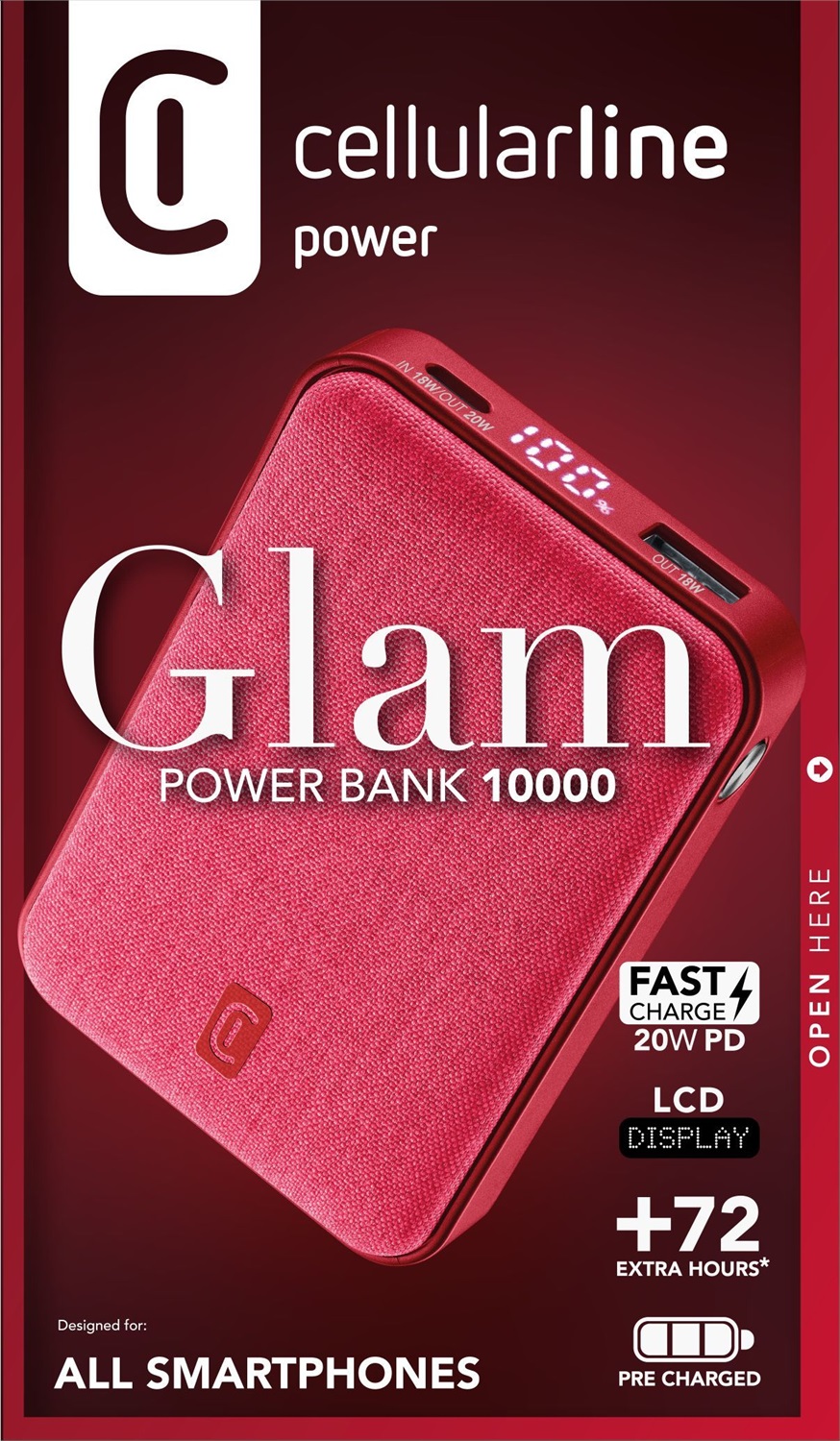 Cellularline GLAM PD 10000 Power Bank - 10000mAh, Ricarica Rapida 20W, Display LCD, 3 Porte USB-C, Finiture in Tessuto, Rosso