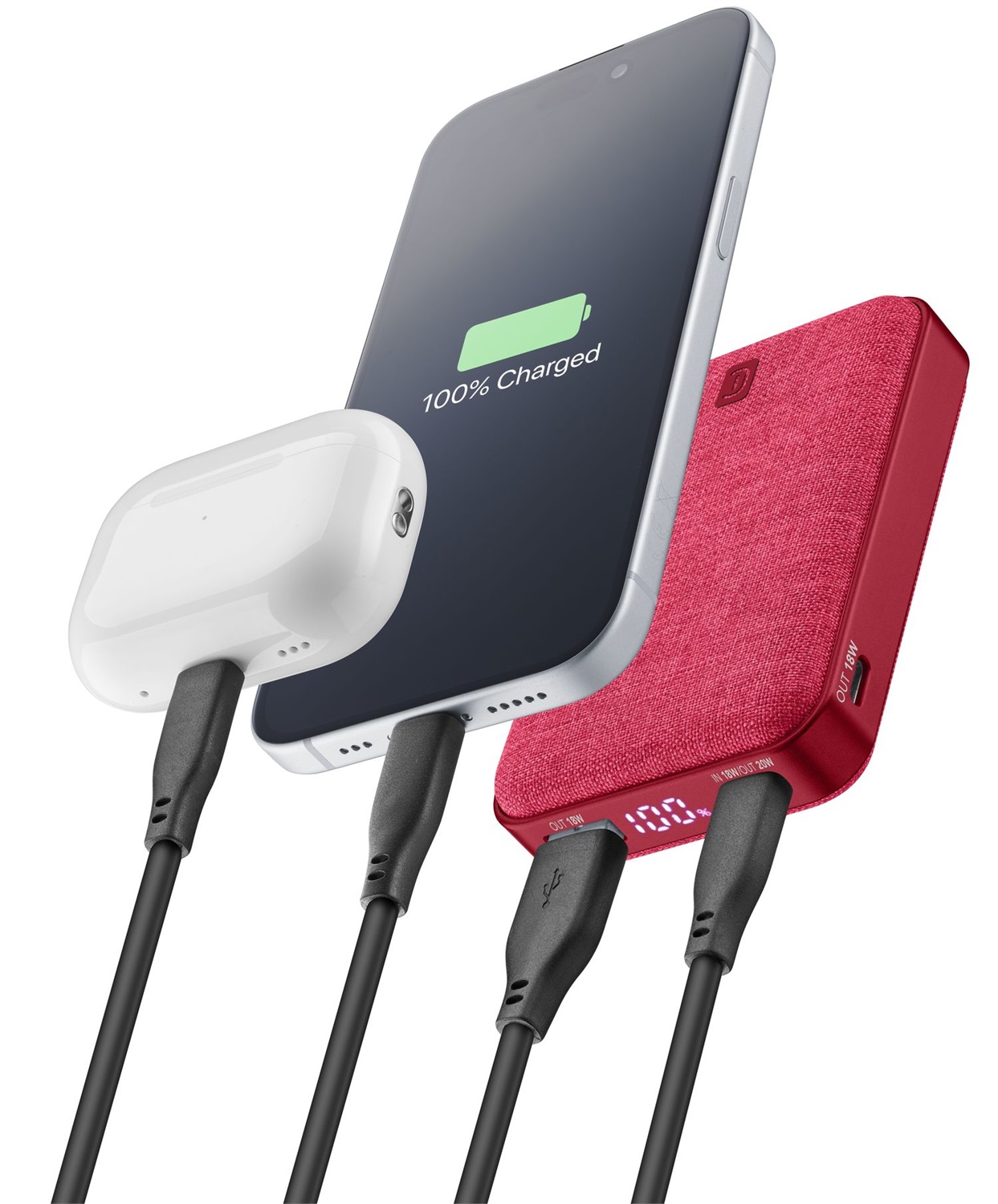 Cellularline GLAM PD 10000 Power Bank - 10000mAh, Ricarica Rapida 20W, Display LCD, 3 Porte USB-C, Finiture in Tessuto, Rosso