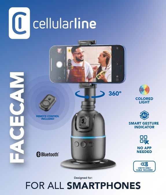 Cellularline FACECAM Supporto Smartphone con Riconoscimento Facciale 360°, Telecomando Bluetooth, Gesture Control, Regolabile in Altezza, Inquadratura Automatica, Compatibile con Treppiede, Nero