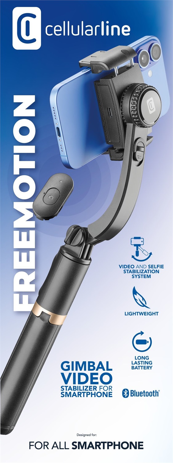 Cellularline FREEMOTION Gimbal 3 in 1 - Stabilizzatore Anti-Shake Intelligente, Selfie Stick, Treppiede, Telecomando Bluetooth, Alluminio, Riprese Verticali e Orizzontali, Nero