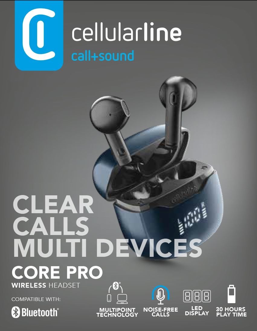 Cellularline CORE PRO Auricolari Wireless Bluetooth 5.4 con ENC, 4 Microfoni, Multipoint, Display LED e 30 Ore di Autonomia - Nero