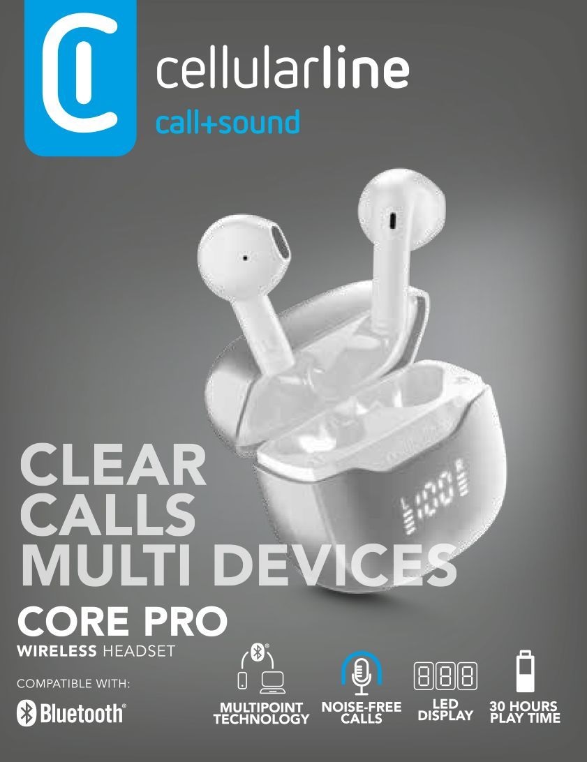 Cellularline CORE PRO Auricolari In-Ear Bluetooth 5.4 con ENC, 4 Microfoni, 30 Ore di Autonomia, Bianco