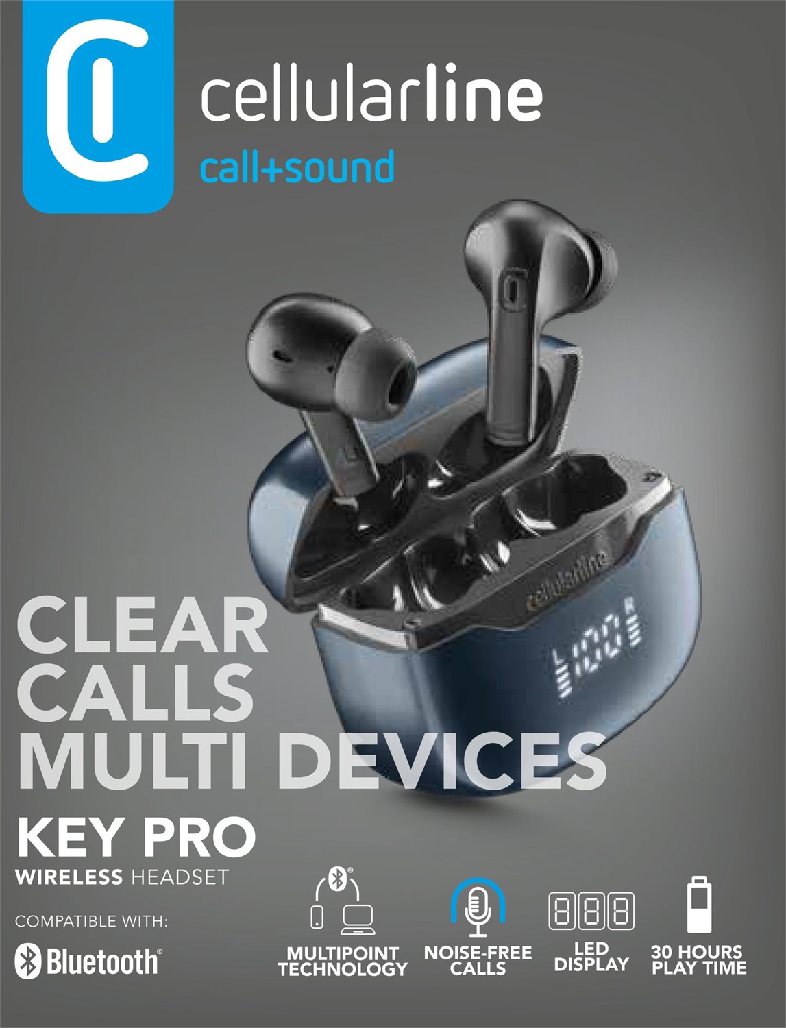 Cellularline KEY PRO Auricolari In-Ear con ENC, 4 Microfoni, 30 Ore di Playtime e Controlli Touch - Bianco