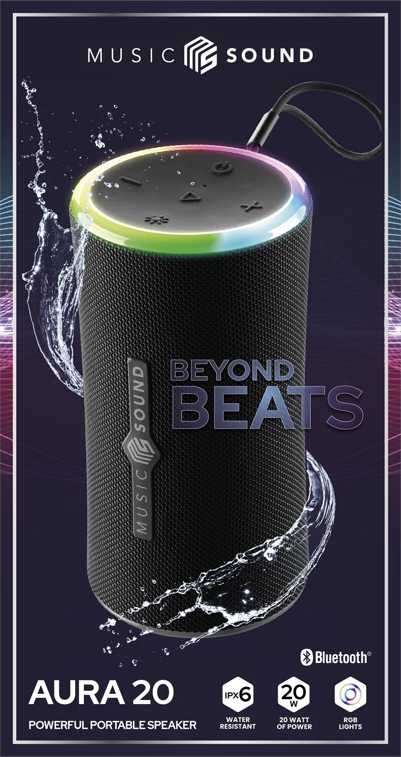 Music Sound AURA 20W - Cassa Bluetooth Portatile Nero con Certificazione IPX6 e Luci RGB