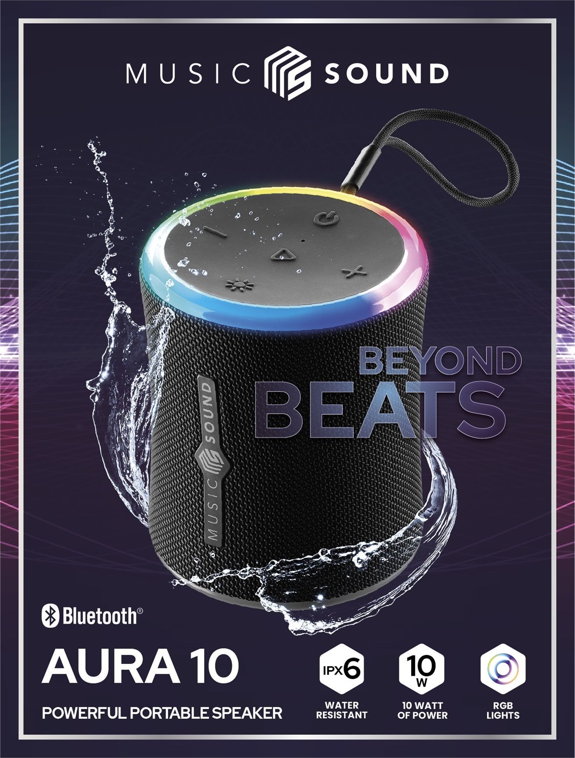 Music Sound AURA 10 - Speaker Bluetooth Portatile 10W con Resistenza IPX6 e Luci RGB