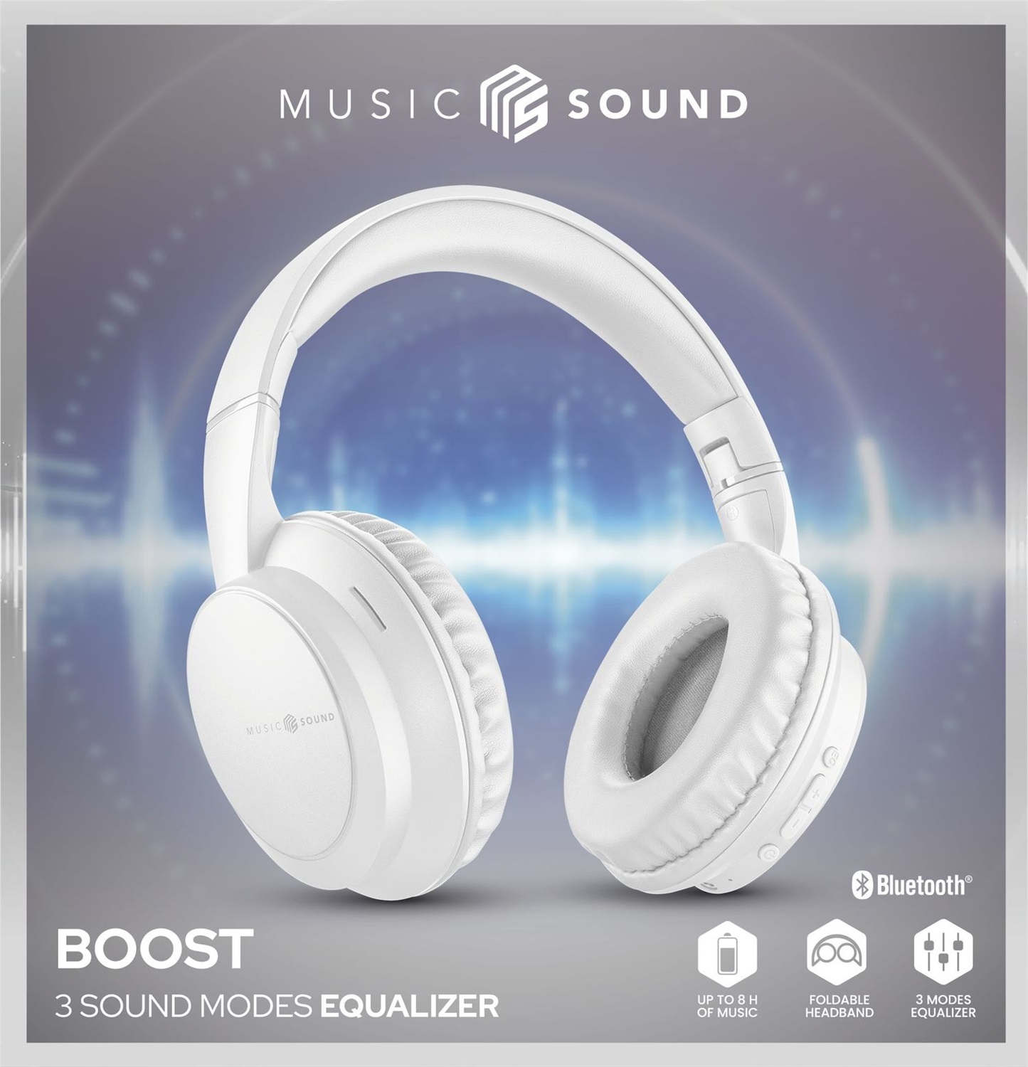 Music Sound BOOST Cuffia Wireless Around-Ear Pieghevole con Microfono, 3 Modalità EQ e Autonomia fino a 8 Ore, Bianco