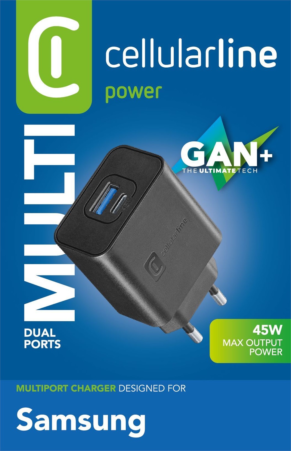 Cellularline - Caricabatterie da Rete Dual Super Fast Charger 45W USB-C e USB-A per Samsung