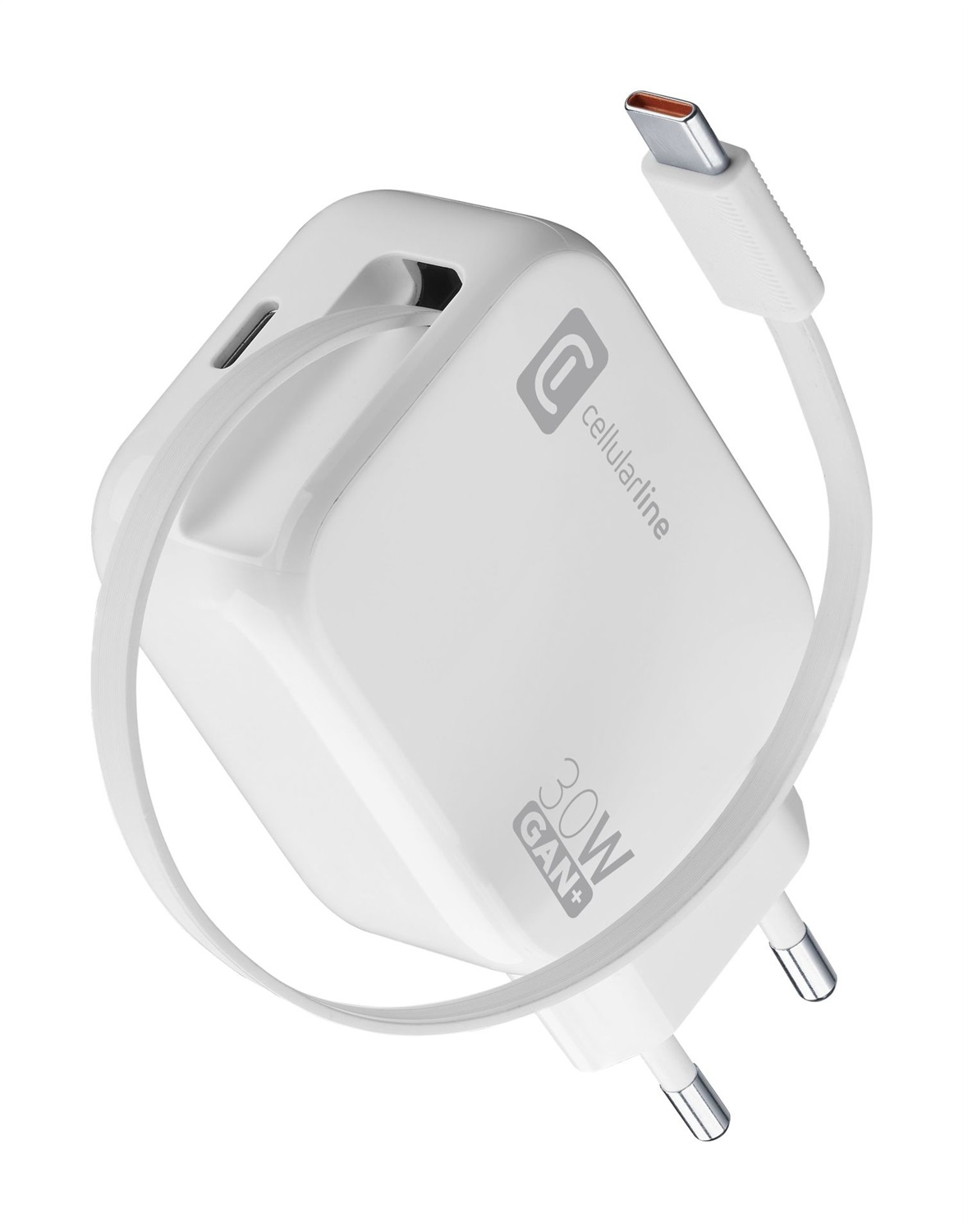 Cellularline Retractable Power 30W - Caricabatterie da rete con cavo retrattile USB-C da 90cm, Doppia Porta USB-C Power Delivery, Tecnologia GaN, Bianco