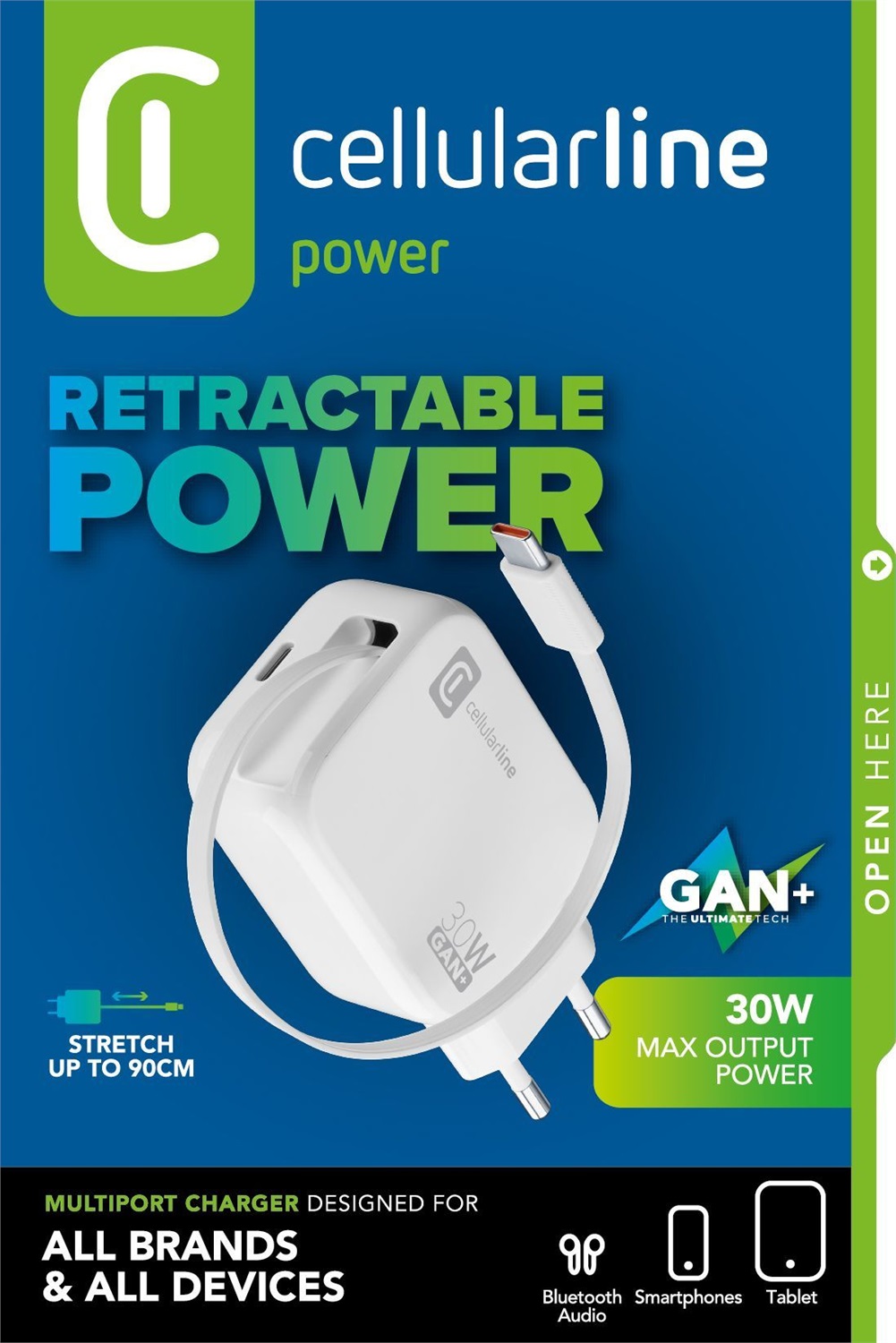 Cellularline Retractable Power 30W - Caricabatterie da rete con cavo retrattile USB-C da 90cm, Doppia Porta USB-C Power Delivery, Tecnologia GaN, Bianco